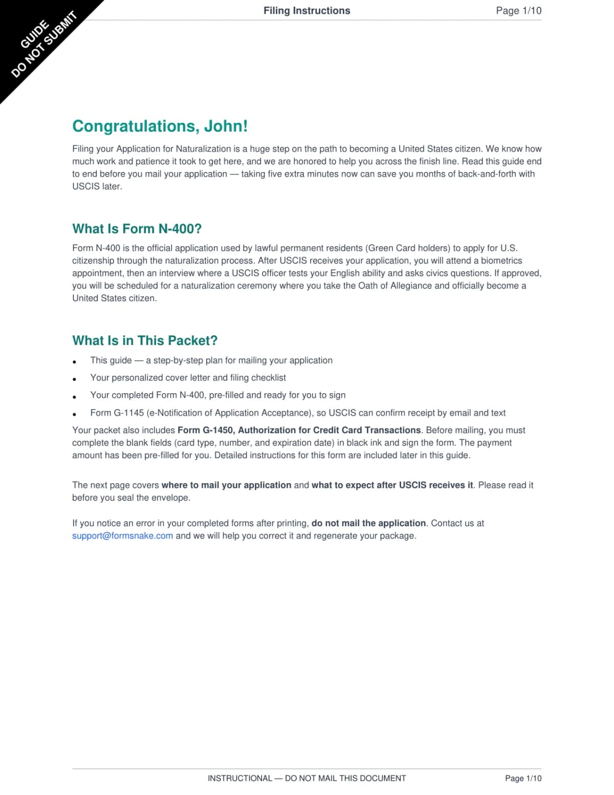 Sample N-400 filing package showing cover letter, forms, checklist, and instructions